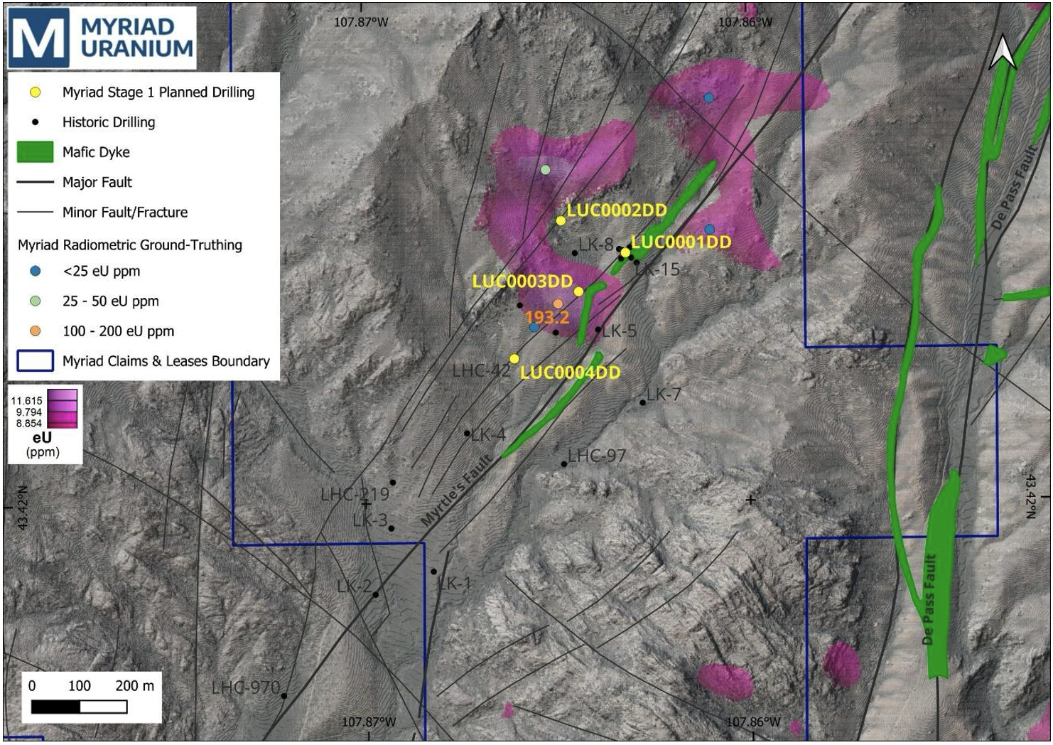 figure-3-planned-drilling-at-lucky-cliff.-the-purple-shaded-areas-represent-anomalous-surface-uranium-measurements-from-myriads-recent-helicopter-radiometric-survey figure-3-planned-drilling-at-lucky-cliff.-the-purple-shaded-areas-represent-anomalous-surface-uranium-measurements-from-myriads-recent-helicopter-radiometric-survey